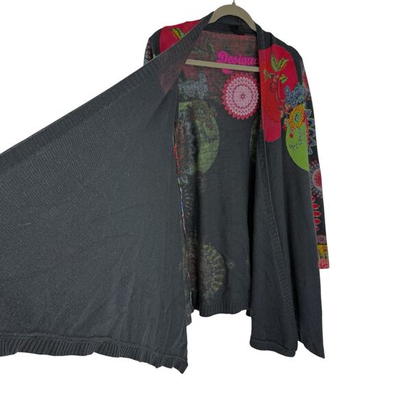 Desigual Wearable Art Open Cardigan Size Medium Gray Multi Floral Embellished - Picture 3 of 12